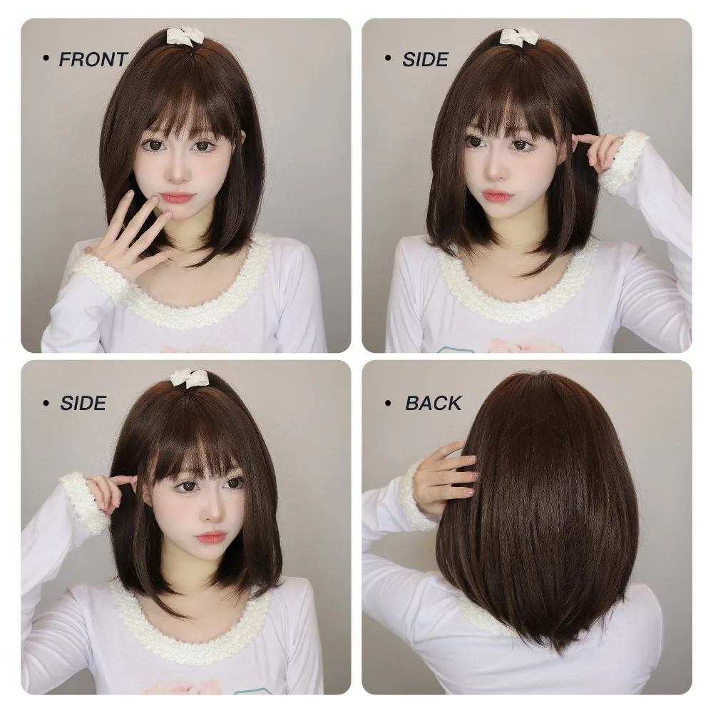 Short Straight Black Bob Wig with Bangs for Women | Natural Heat Resistant Synthetic Hair Wigs