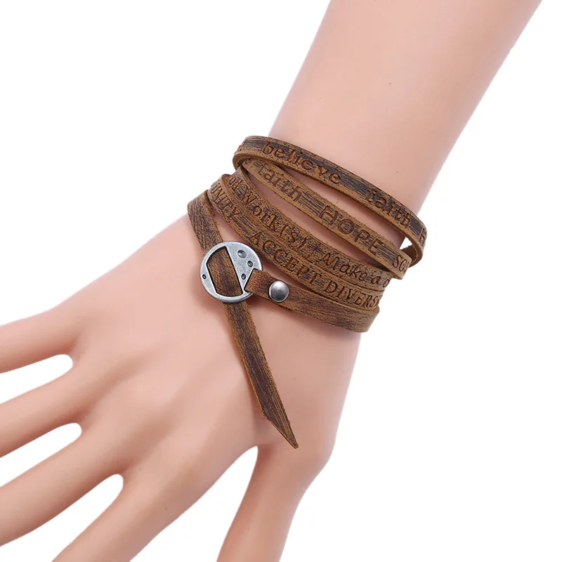 1 Pc Women and Men Vintage Multilayer Letters Bracelet Simple Multi Circle Leather Super Long Bracelet For Men Fashion Jewelry