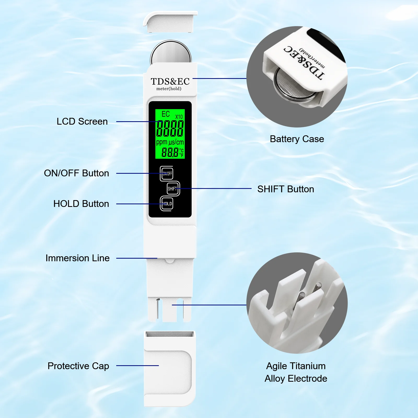 A5 Wasserqualitätstester Tragbares 4-in-1 TDS EC & Temperaturmessgerät 0-9999ppm Präzise für Trinkwasser, Hydroponik, Aquarium – Detail 10