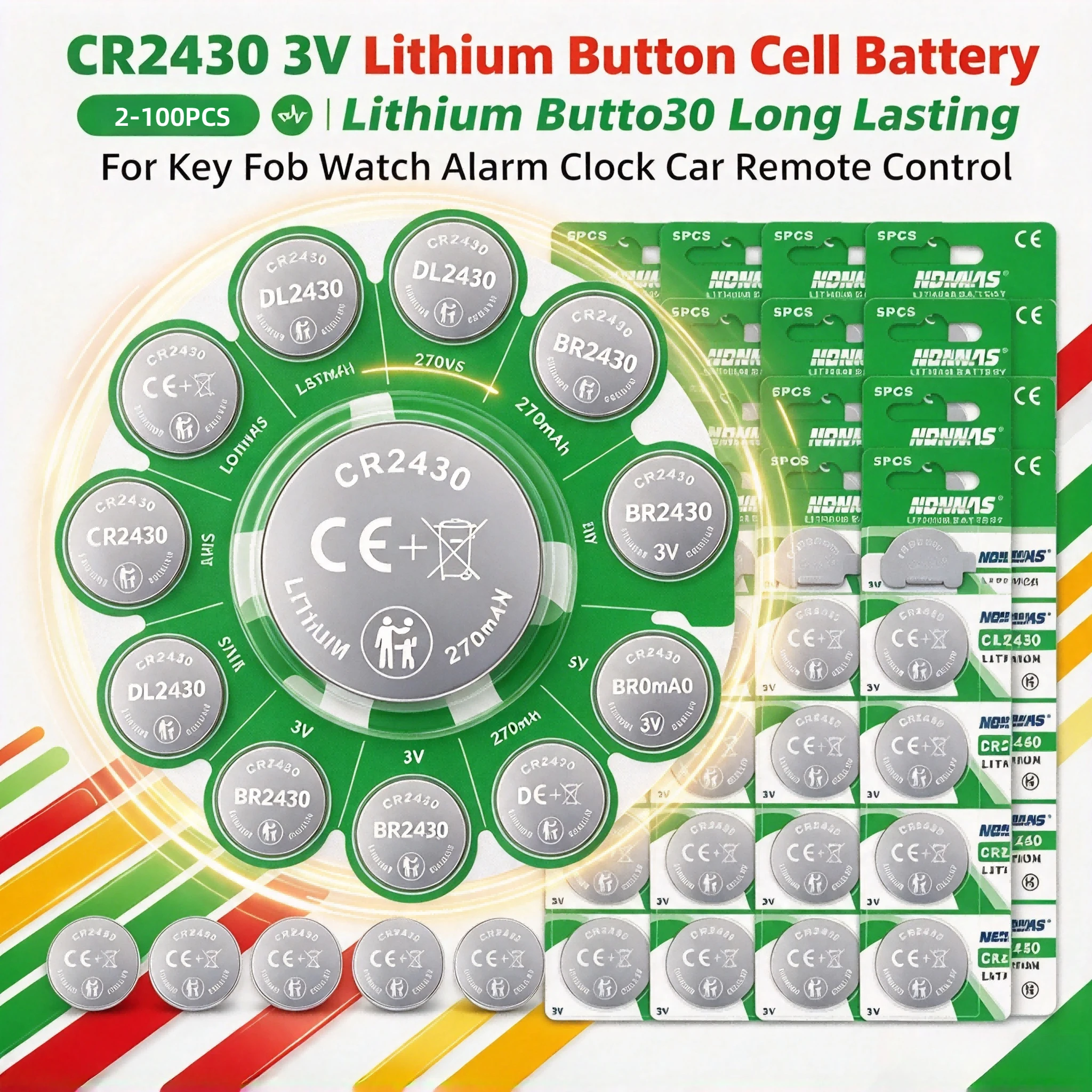 2-100PCS CR2430 Lithium Battery DL2430 BR2430 3V 270mAh for Key Fob Watch Alarm Clock Car Remote Control Button Coin Batteries