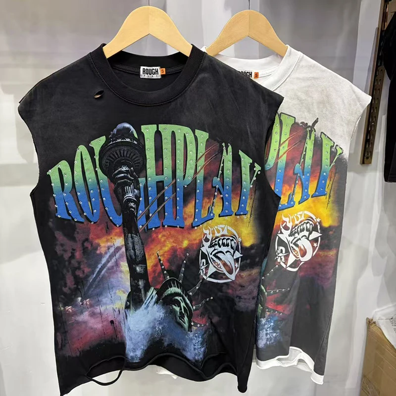 New Rough Play Men Sleeveless Tank Top Statue of Liberty Rhinestone Gradient Graphic Distressed Streetwear Vest Top