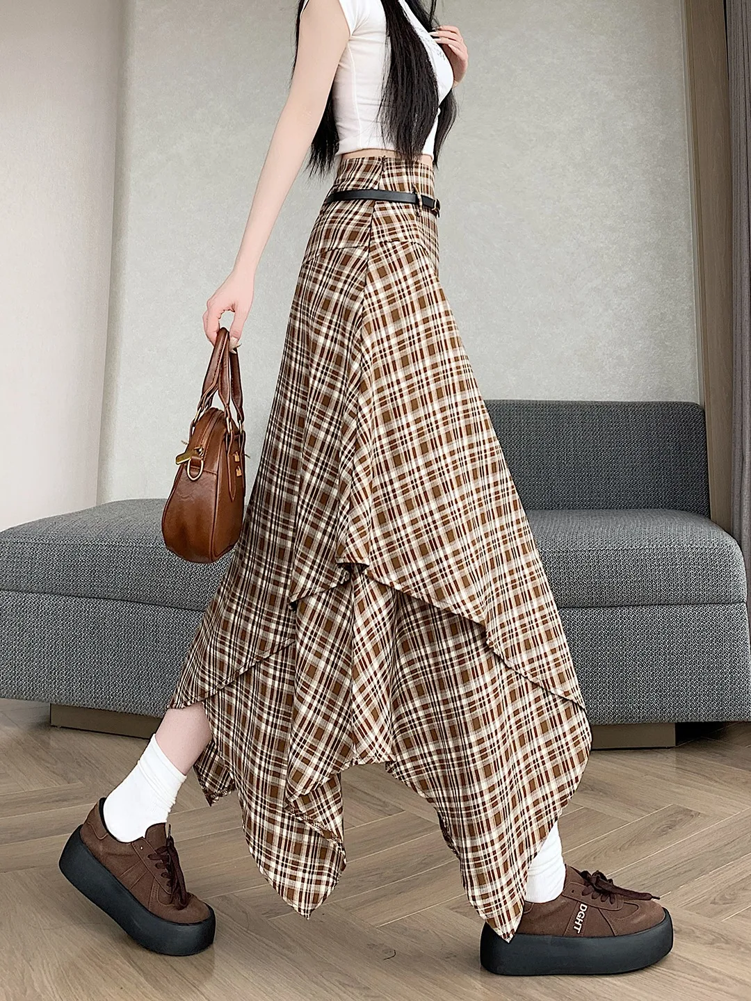 

High Waist Asymmetrical Plaid Skirt with Belt Women's Summer Korean Style Slimming A-Line Long Skirt Comfortable Soft Fa...