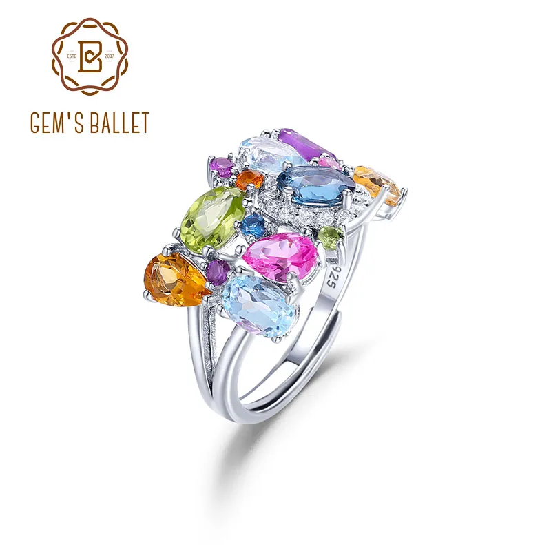 GEM'S BALLET Unique Handcrafted Multi-Gemstone Adjustable Ring Natural Citrine Amethyst Peridot Topaz Ring in Sterling Silver