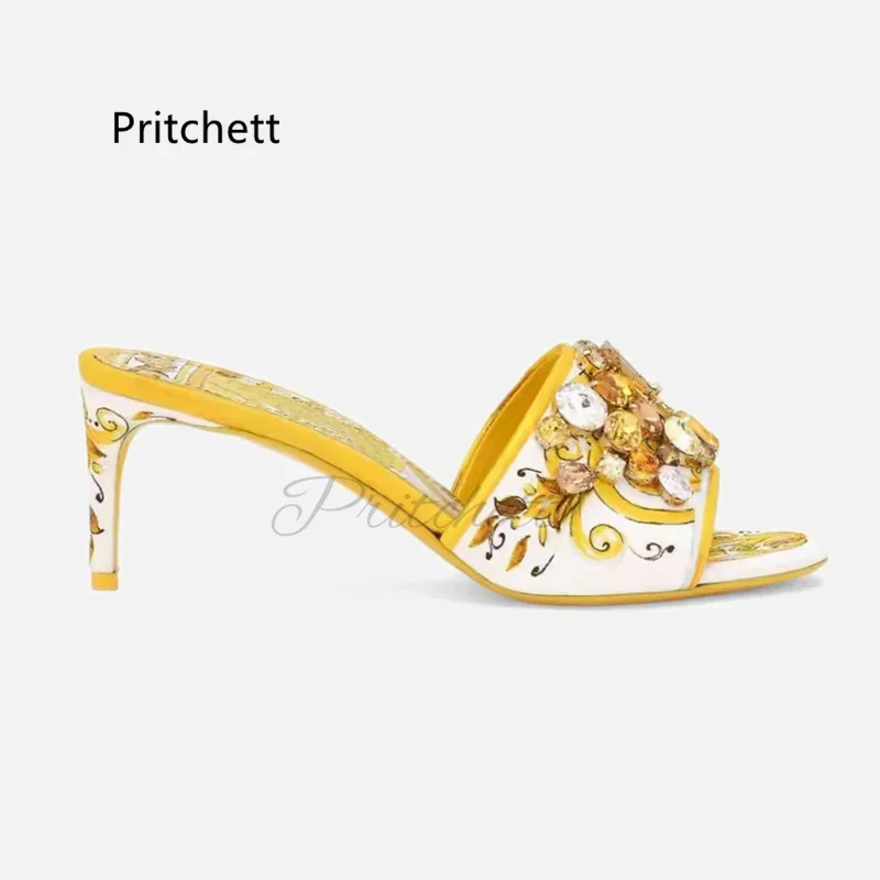 Yellow Prints Stiletto Slippers for Women Rhinestone Open Toe Summer Shoes Med Heels Bohemian Vacation Party Crystal Shoes