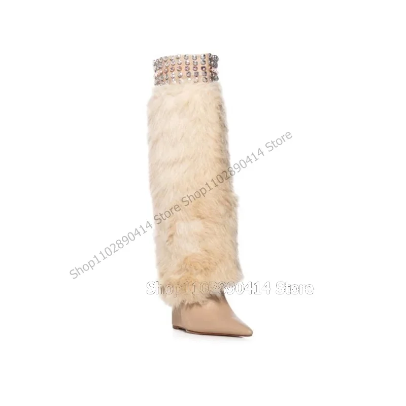 Botas con punta estrecha y decoración de cristal de piel Beige Para Mujer, Zapatos sin cordones a media pantorrilla, Tacón de Cuña, moda novedosa Para fiesta, 2023