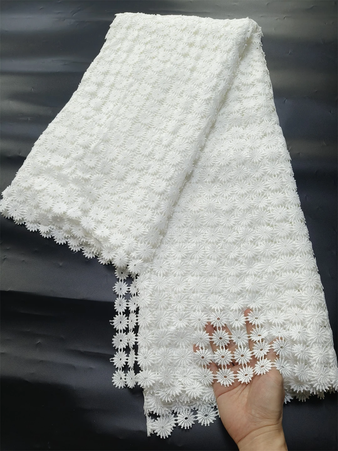 Tecido de renda cordão guipure para festa vestido de noite delicado branco, pele amigável, melhor qualidade, mais recente, U _ GE5318, 5 jardas, 2024