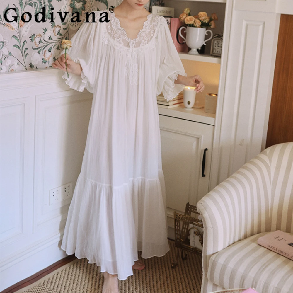 

Sweet Cute Women's Sleepwear Spring Autumn Loose Cotton Romantic Lace Nightdress Long Loose Retro Court Style Nightgowns