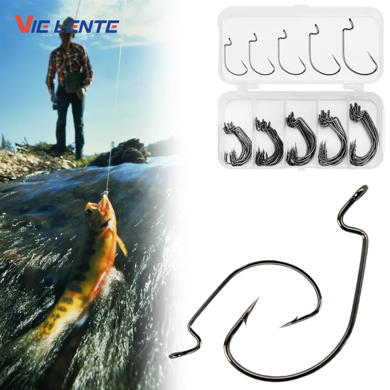 50-teiliges Kurbelhaken-Set, Angelhaken, Salzwasser, weicher Wurm, Köder, breite Lücke, versetzter Angelhaken, Jig-Fischhaken für Karpfen, Hecht, mit Box
