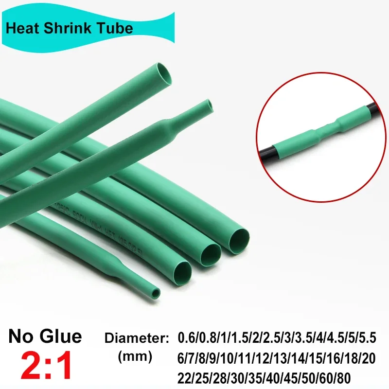 1/3/5M Green 2:1 Heat Shrink Tube Dia. 0.6mm ~ 80mm Thermoresistant Wire Repair DIY Cable Protector Shrink Wrap For Cables