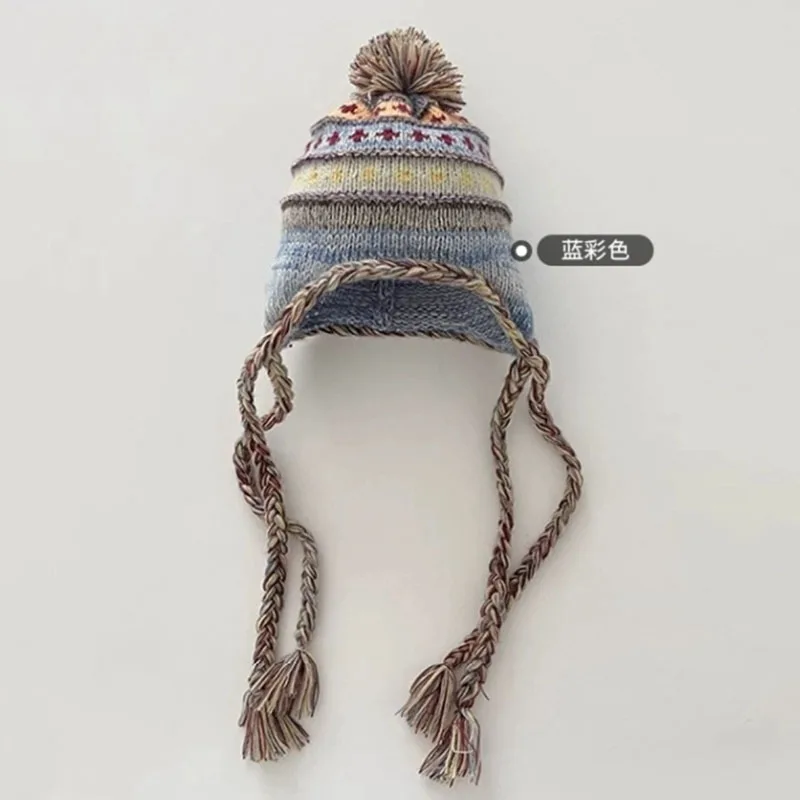 Japoński styl etniczny sweter z dzianiny kapelusz kobiety moda kontrastujące kolory zimowa ciepła Retro sznurowana czapka chroniąca uszy — zdjęcie 6