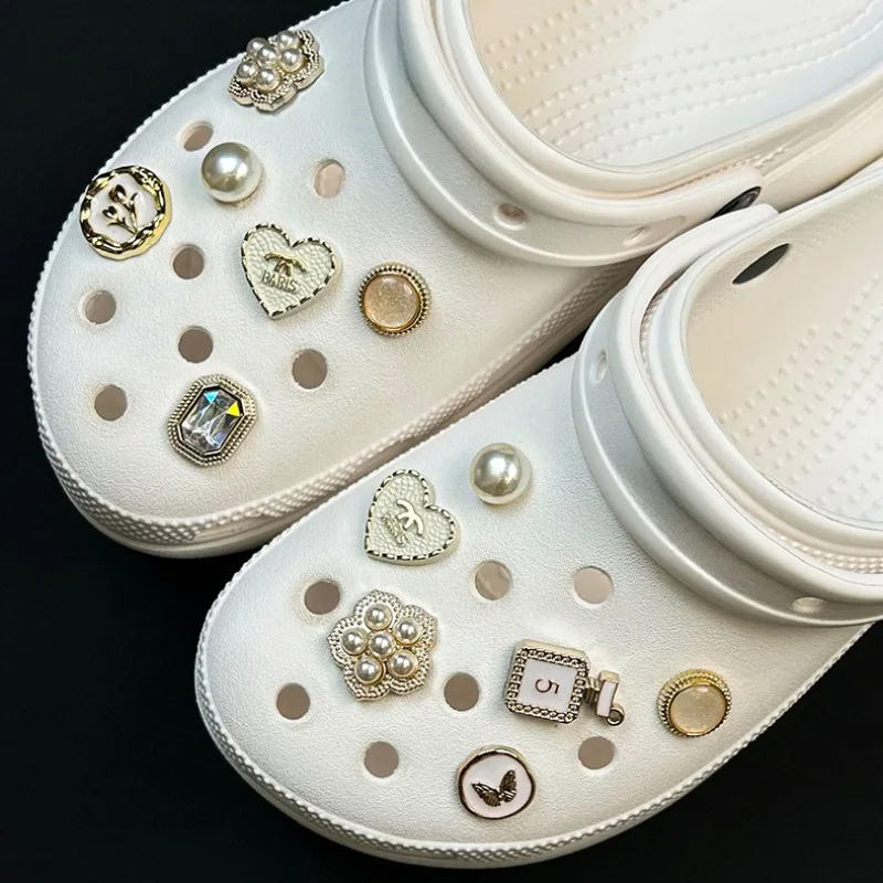 

12PCS LuxuryShoe Charms Set Accessories Hole Shoe Buckle Golden Bead Flower Diamond Series DIY Shoes Decorations Woman Girl Gift