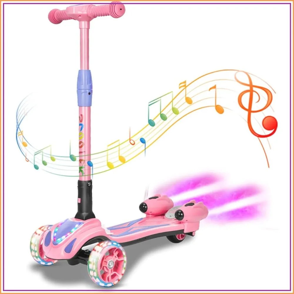 

3 Wheel Scooter with Bluetooth Music Speaker, Steam Sprayer, LED Lights, Aluminum T-Bar, Folding Kick Scooter for Ages 3-10