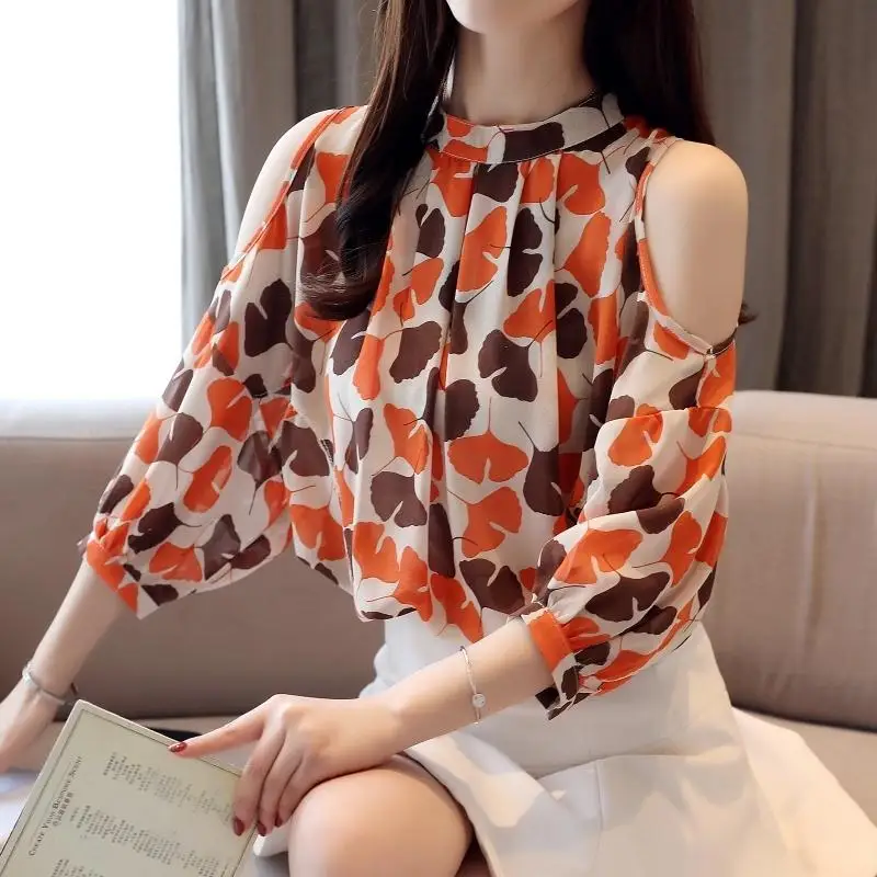 Vintage Printed Hollow Out Oversized Off Shoulder Chiffon Shirt 2022 Summer New Casual Tops Loose Commute Women Clothing Blouse