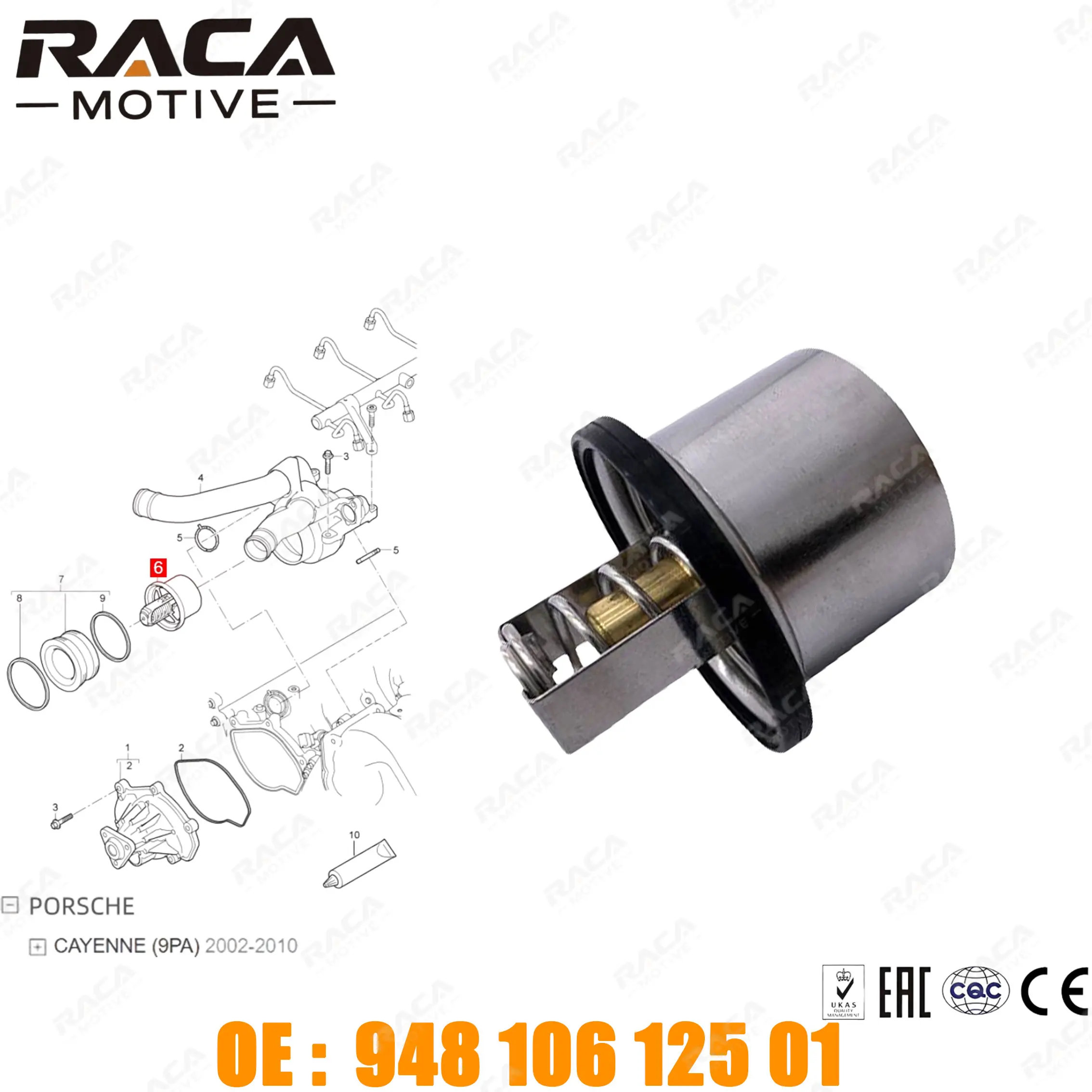 94810612501 Car Engine Coolant Thermostat for Porsche Cayenne (9Pa) 2002-2010 3.6L 4.8L Turbo S 4.8 Gts 4.8