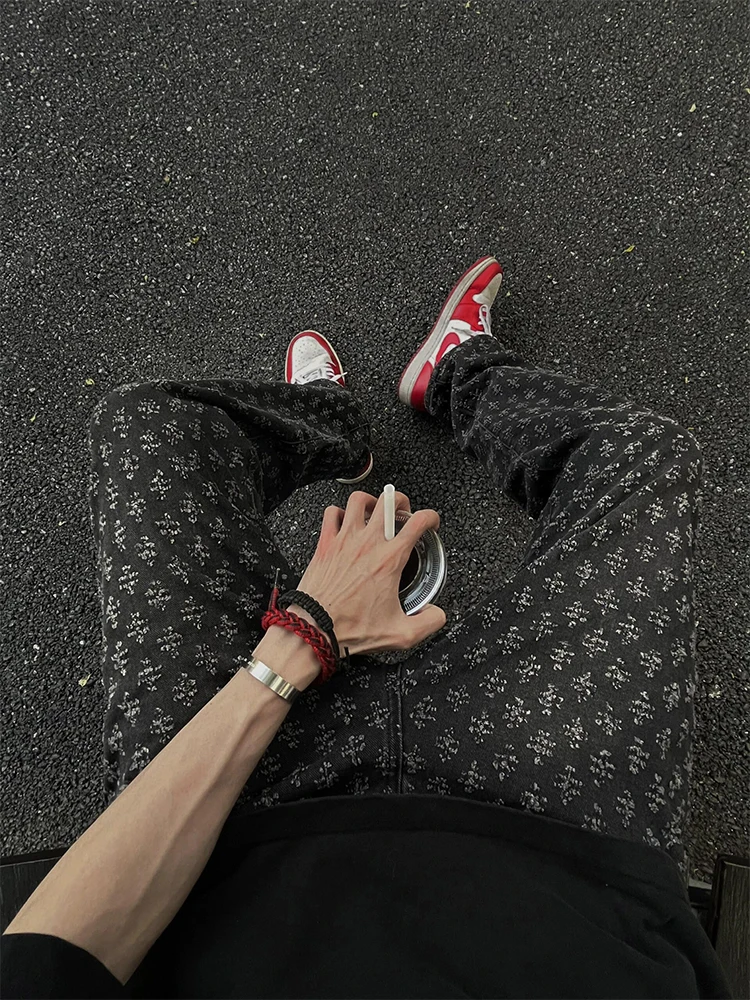 

Мужские облегающие прямые джинсы в стиле ретро в стиле American High Street Vibe, джинсовые брюки с цветочным принтом, молодежные модные длинные брюки