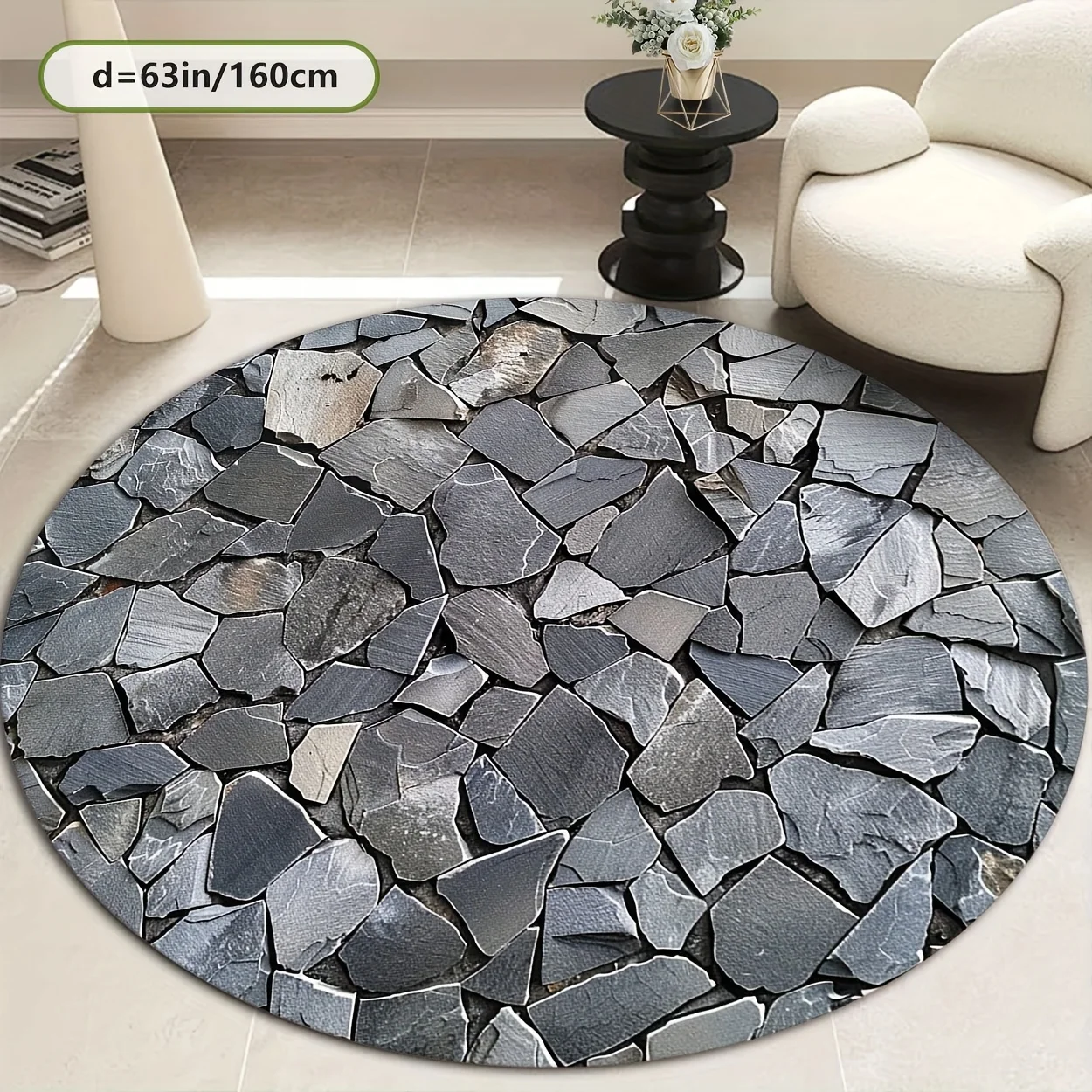 

3D Stone Print Round Rug – Modern Gray Floor Mat with Non-Slip Dots, Machine Washable Decor for Living Room or Bedroom
