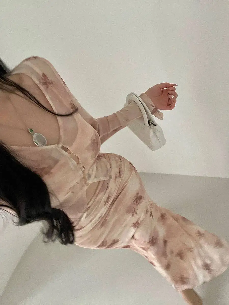 رغبة نقية نمط حزام أعلى مطبوعة شبكة طويلة الأكمام سترة عالية الخصر ذيل السمكة فستان أنيق طويل الحلو الكورية المرأة M37X