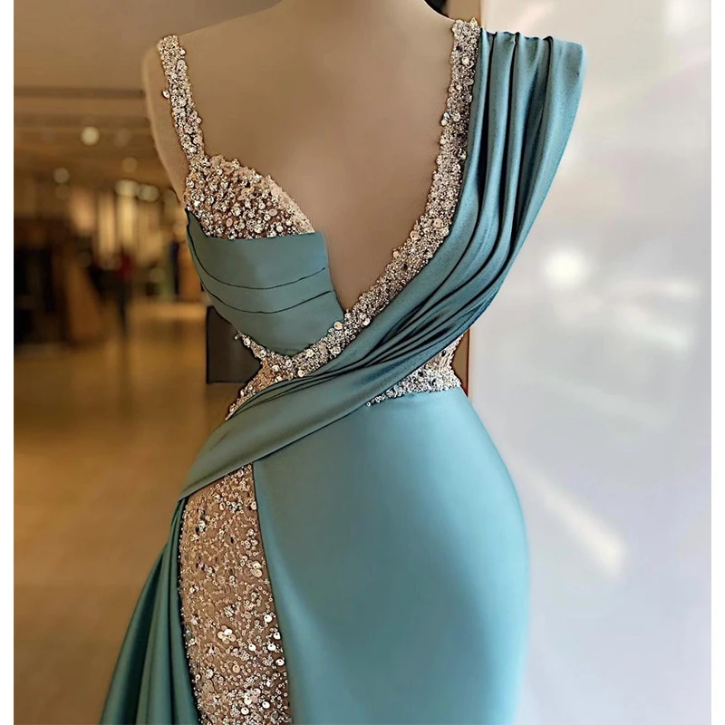 2022 Mermaid Prom Dresses V-hals Crystal Dubai Glitter Robe De Soiree Arabisch Avondjurk Vrouwen Partij Jassen Vestidos