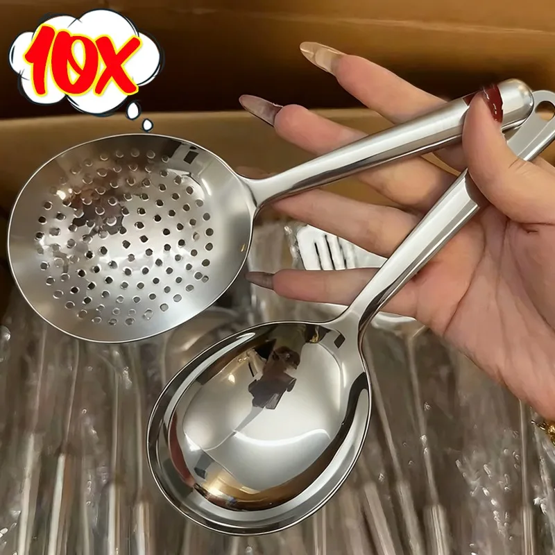 

Ложки из нержавеющей стали, утолщенный ковш с длинной ручкой для сервировки супа, риса, сервировочная ложка, сливное отверстие, ложка с прорезями, кухонные принадлежности