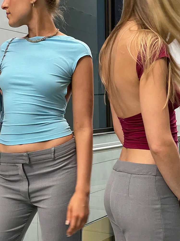 Manga curta sem costas topos feminino multi maneiras usar 2024 magro básico verão magro recortado sexy t camisa colheita topo