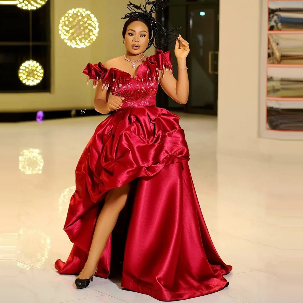 Rode Hoog Laag Avondjurken Met Kwastjes Kristallen Uit De Schouder Kerst Galajurk Voor Afrikaanse Vrouwen Bruiloft Jurken