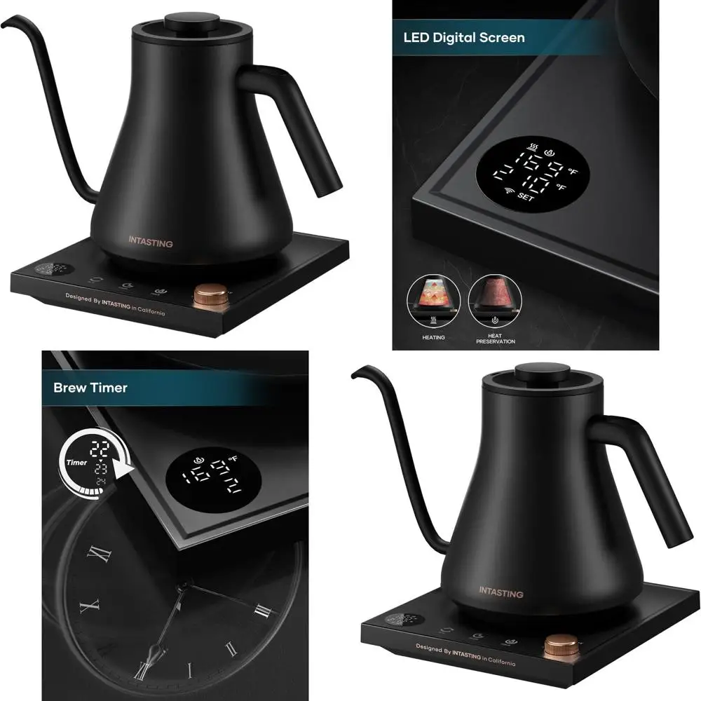 

Precision Temp Gooseneck Kettle, ±1°F Control, Stainless Steel, 0.9L, Black - Ideal for Coffee, Tea, Hot Water