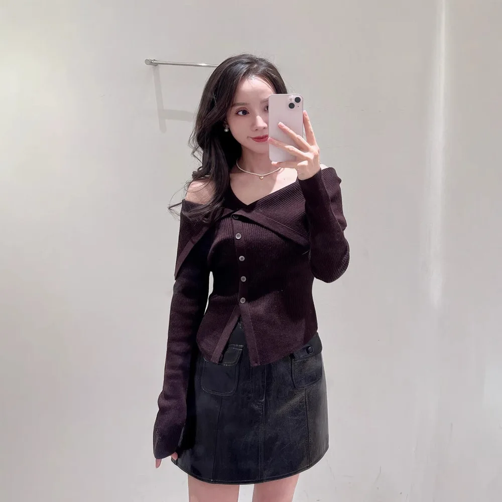 

Early Spring Faionable Knitted Slim Fit One oulder Turn-down Collar Sexy Open Cardigan Ele Lady Sle Long Sve o...