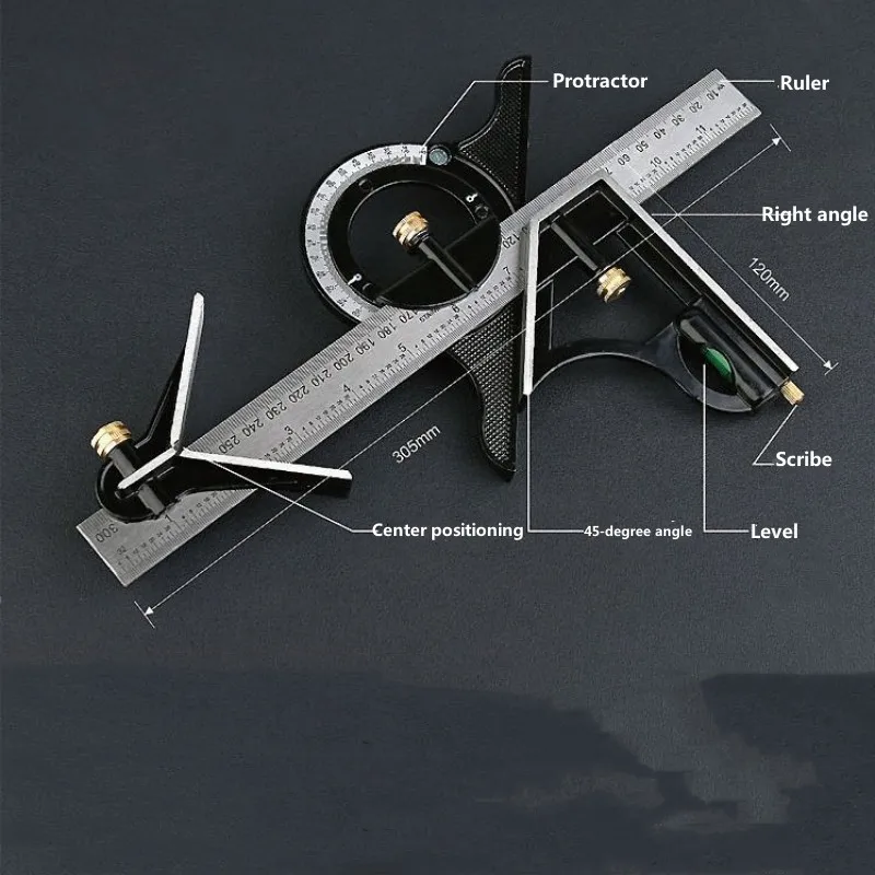 300mm Angle Ruler Stainless Steel Adjustable Measuring Rule Sliding Combination Square Ruler Protractor Level Measure Tool