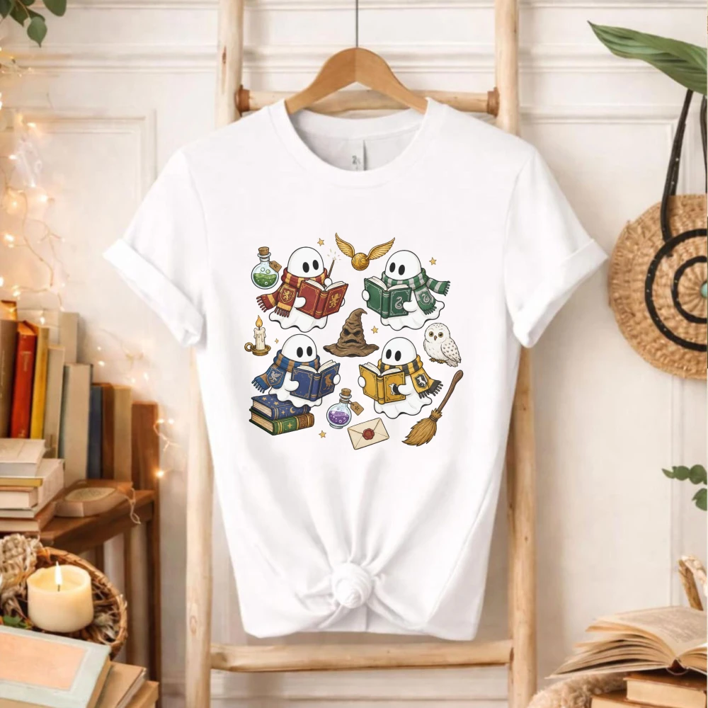 Cute Magic Ghost Reading Book T-Shirt for Women Girls Funny Wizard Owl Broom Potion Print Tee Halloween Short Sleeve Gift Top