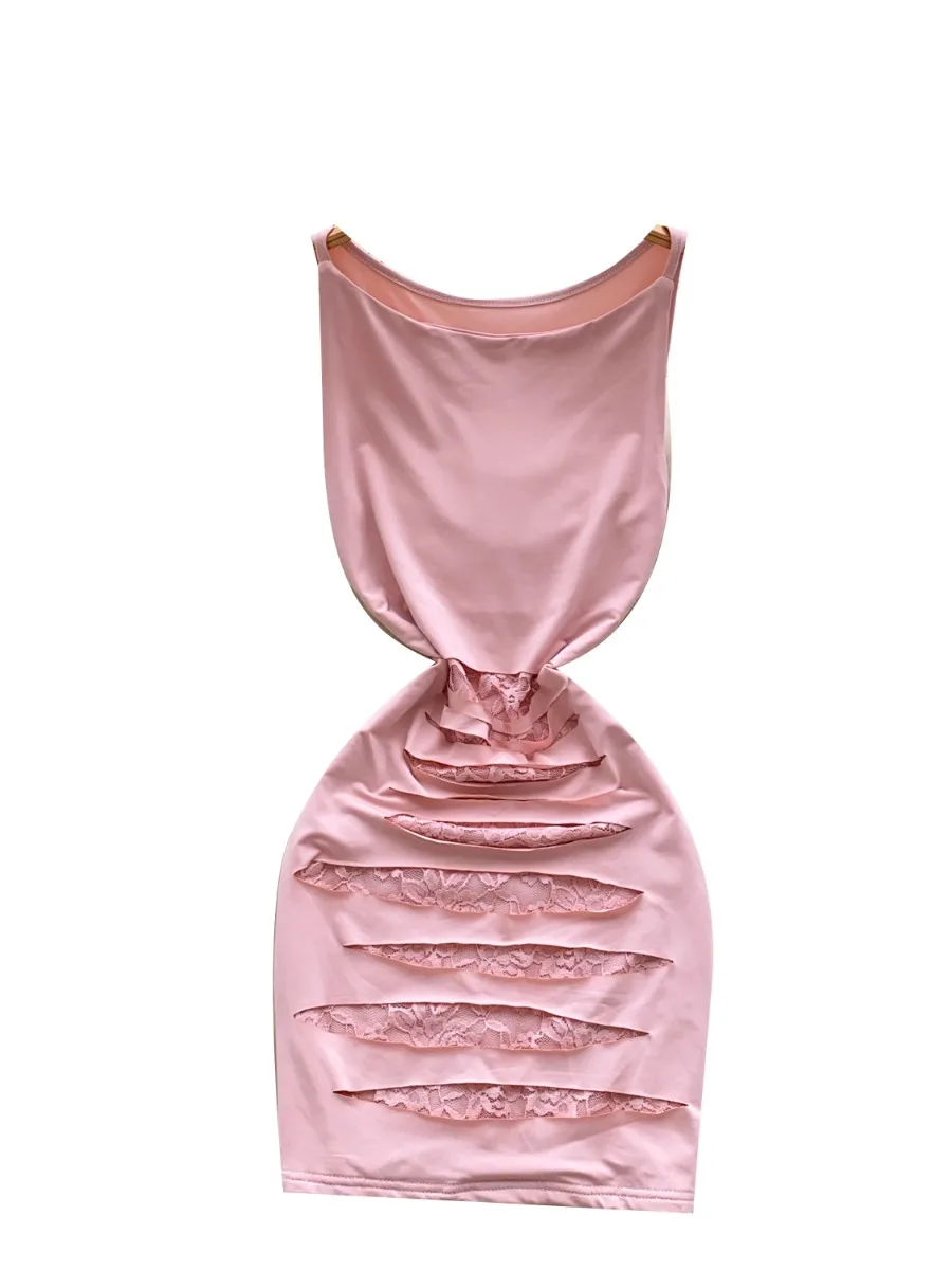 Foamlina อินเทรนด์ Hollow Out Lace Patchwork ชุดเดรสสาวร้อน Cinched เอว Slim Fit Bodycon กระโปรงมินิชุดเสื้อกั๊กสั้น