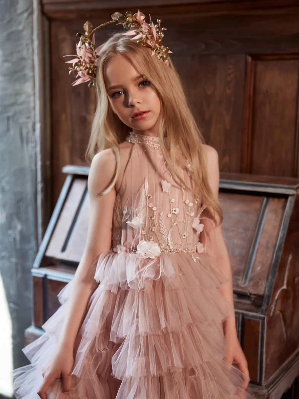New Gorgeous Pink Beaded Tiered A-line Long Girls Dresses Piano Performance Wear Modern Halter Sleeveless Kids Princess Gown