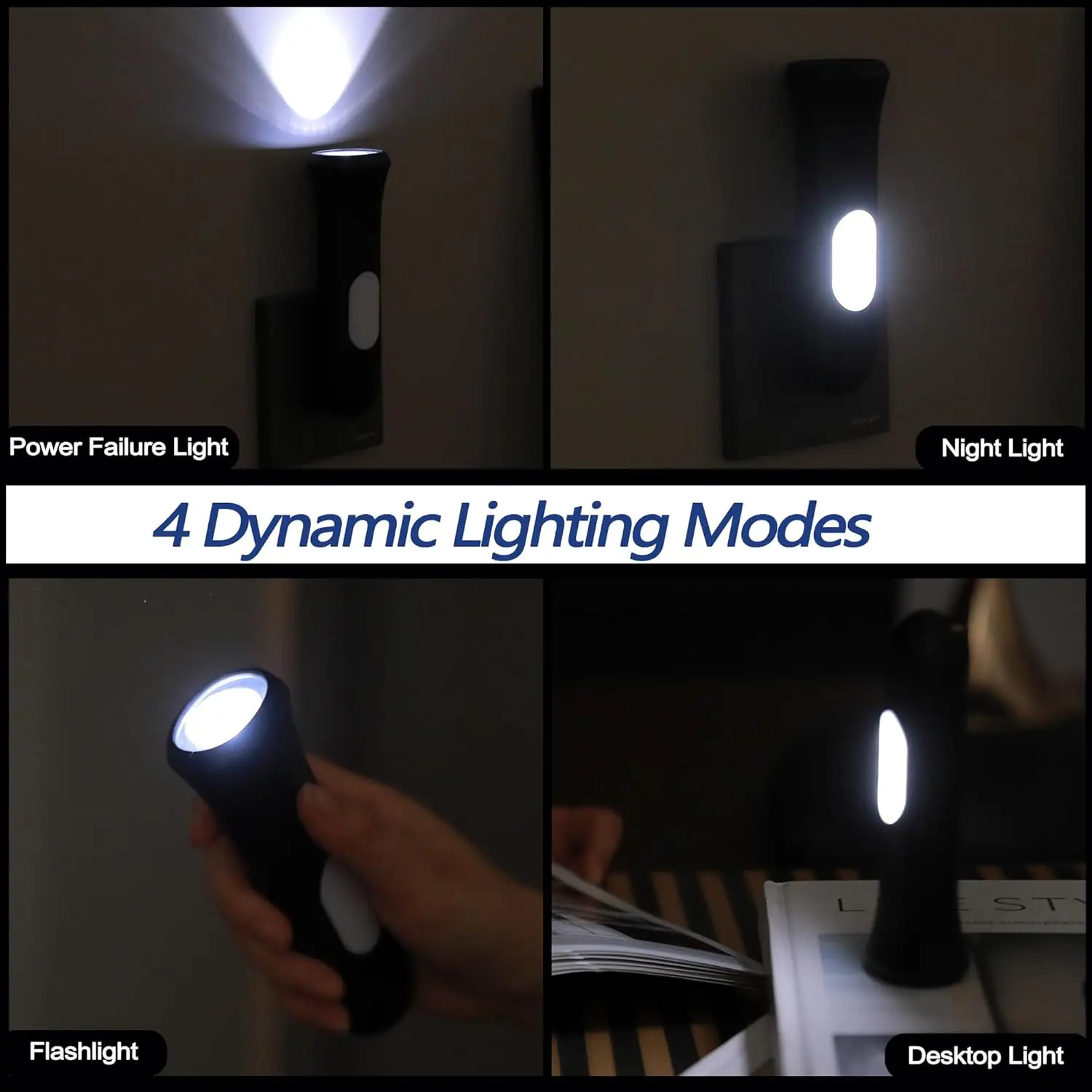 4-in-1 Rechargeable Emergency Light with Auto-On, LED Flashlight for Power Outages, Black