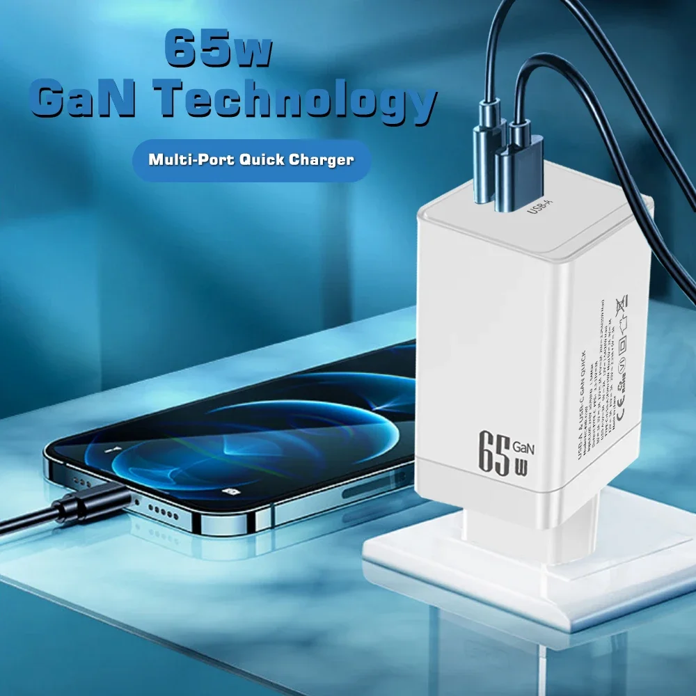 65W GaN USB Charger Quick Charge 3.0 Fast Charging Mobile Phone Adapter for iPhone15 Pro Samsung Xiaomi Huawei Mobile Phone Plug