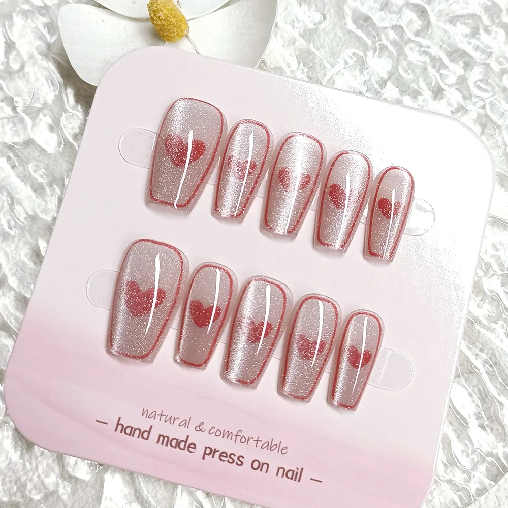 10pcs Handmade Press on Nails Pink Cay Eye Fake Nails with Red Heart French False Nails Patches Wearable Ballerina Nail Art Tips