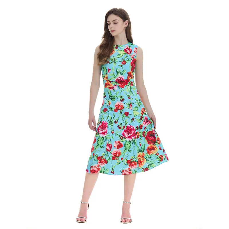 فستان بطبعة وردية بتصميم A-Line، خصر مرتفع، تنورة ميدي بتصميم مظلة، أنيق، بدون أكمام، من ألياف البوليستر، برقبة مستديرة.