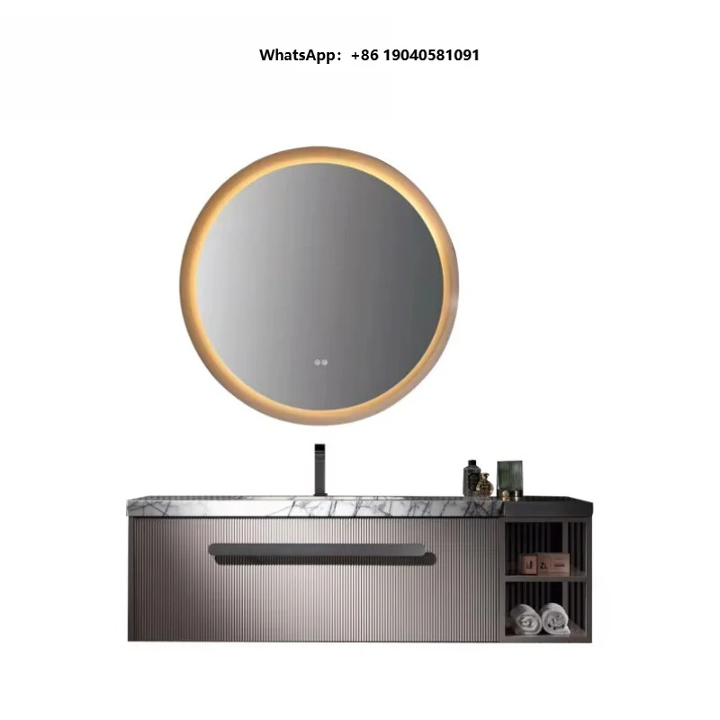 Modern Wall-Mounted Mirror Cabinet with LED Water Resistant Design Vanity Plywood Bathroom Cabinet with Slab Basin