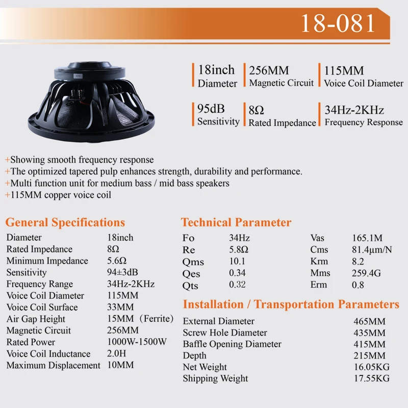 18inch Loudspeaker 115mm Voice Coil 256mm Ferrite Magnet Subwoofer Professional Audio Sound System Midbass Woofer