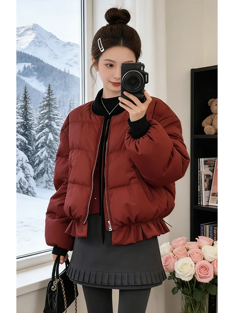 

Ele Red Cotton Jaet Women's Loose Thiened Warm Bread Coat Knot Collar Korean Sle Commute Winter Outerwear