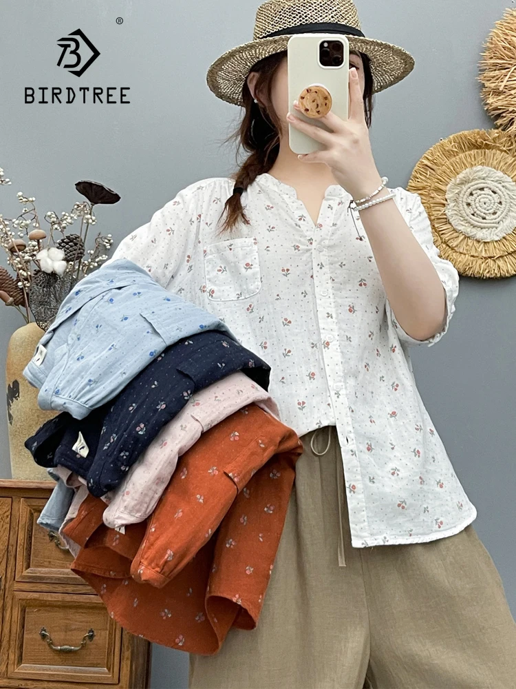 New 2026 Autumn Women Cotton Yarn Half Sleeve Shirt, V Neck Floral Print, Mori Girl Vintage Temperament Loose Blouse T66928CC
