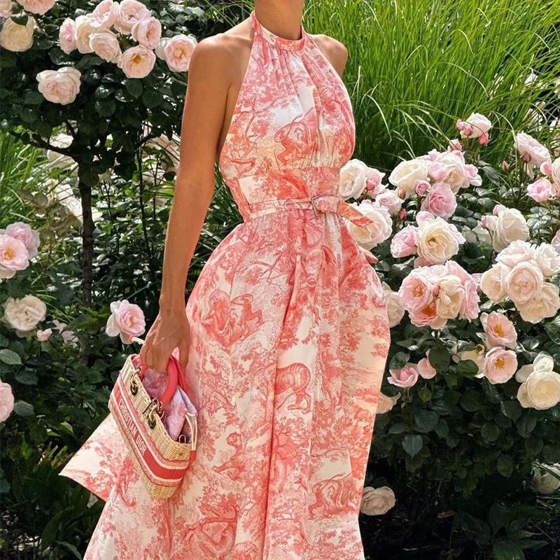 Pink Printed Pocket Garden Party Dress Sexy Halter Pleated Women's Long Dress Fashion Hollow Backless Waist Summer Dress Vestido