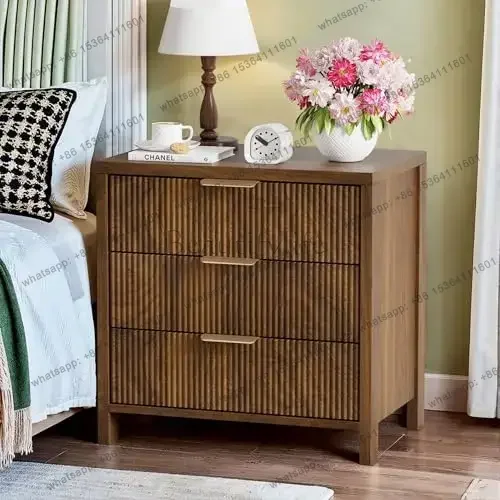 Factory Direct Fluted Nightstand, 23.7'' Wide Night Stand With 3 Drawers, Mid-Century Modern Bedside Table With Handles, Wood En