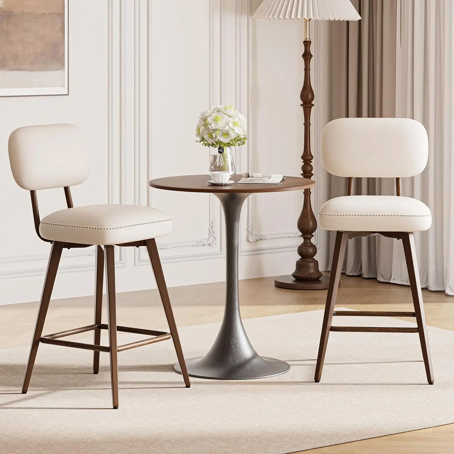 26“ Swivel Bar Stools Set of 2, Mid Century PU Leather Counter Height Bar Chairs with Low Back and Metal Legs, Modern Bar Stool