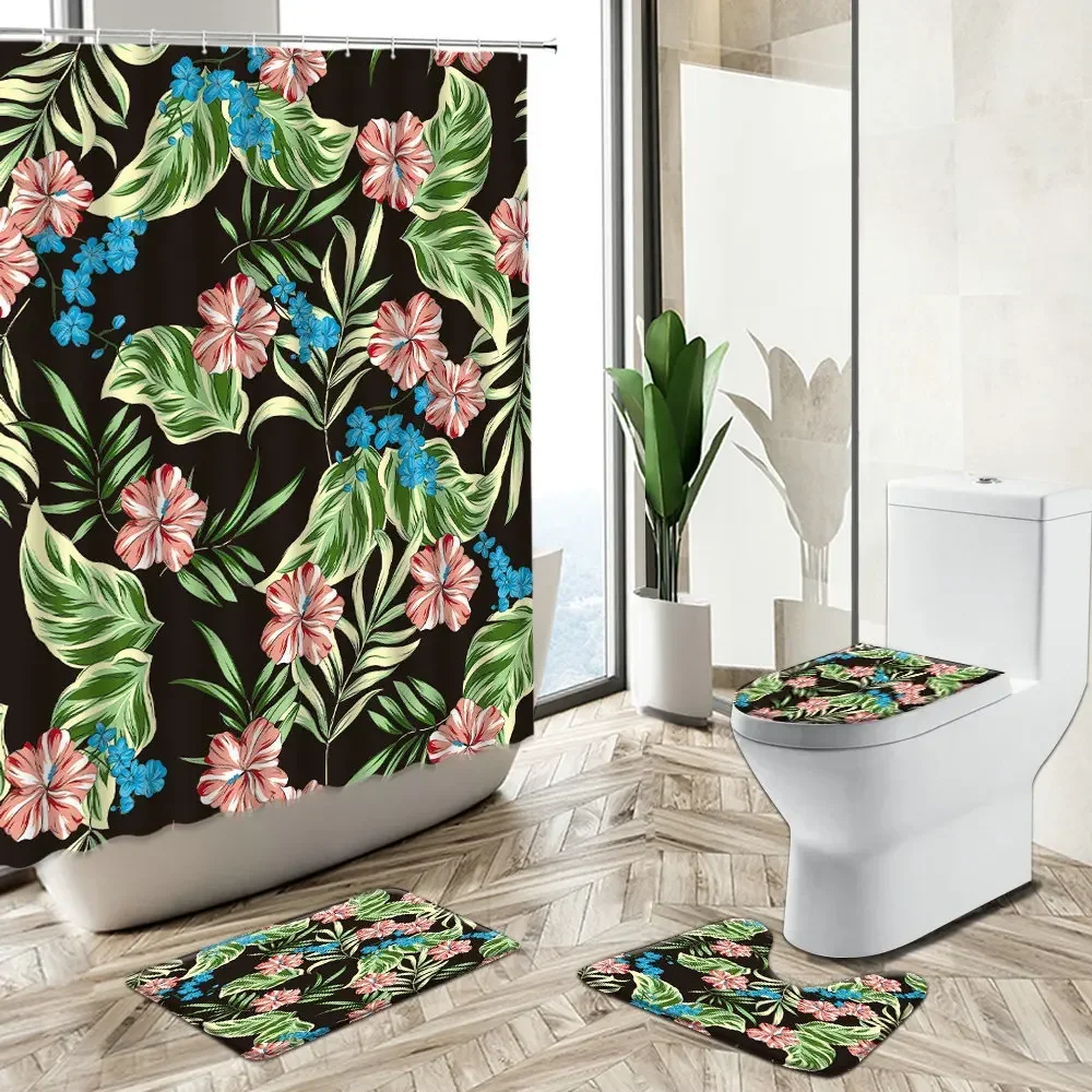 Tropical Banana Leaf Shower Curtains ​Palm Foliage Plant Flower Summer Jungle Theme Non-Slip Carpet Toilet Cover Bath Mat Sets