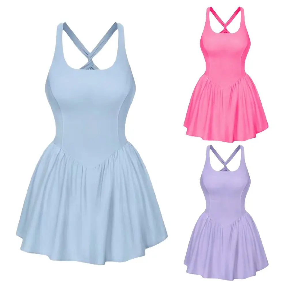 Cross Strap Girls Sling A-line Skirt Pleated Sporty Style Teenagers Dress High Waist Slim Fit Sleeveless Short Dress Beach