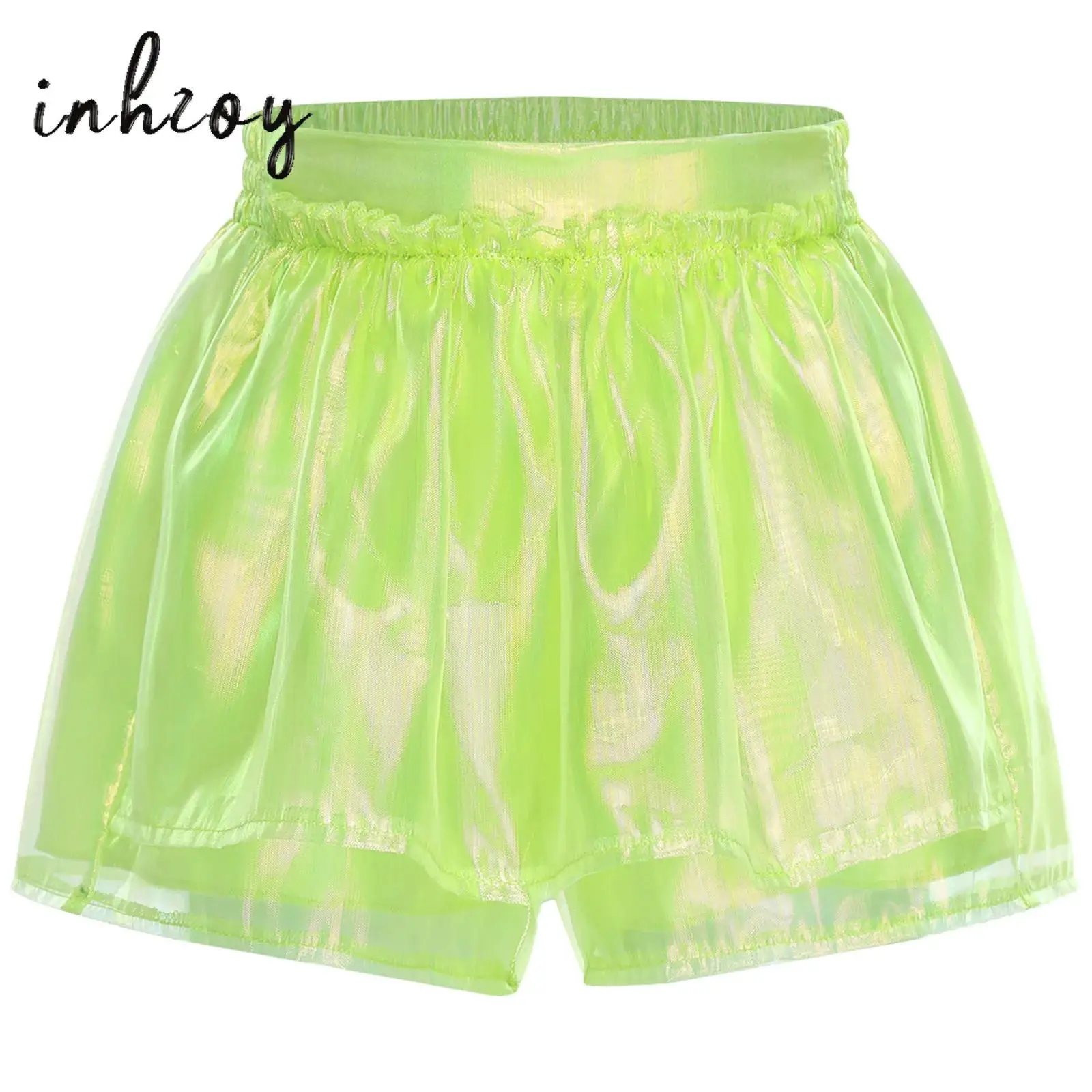 

Kids Girls Glossy Culottes Skirt Shiny Tulle Elastic Back Waistband Shorts for Birthday Party Stage Performance Ballet Dancewear