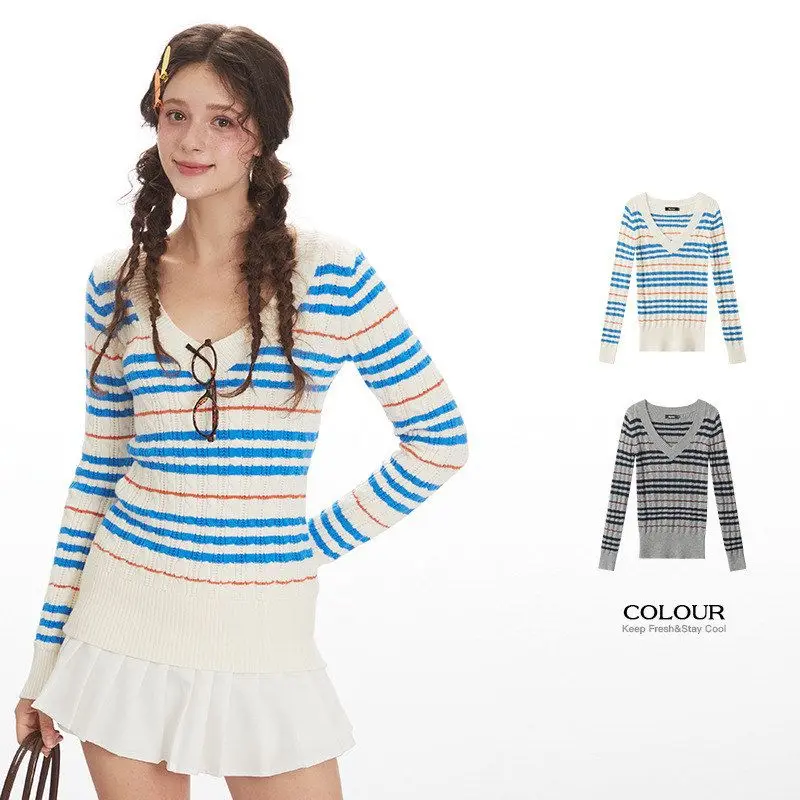 

HeyHenry Slim Fit трикотаж V-Ne Long Sve полосатый базовый слой топ корейский Sle Commute Faion осенне-зимний женский свитер