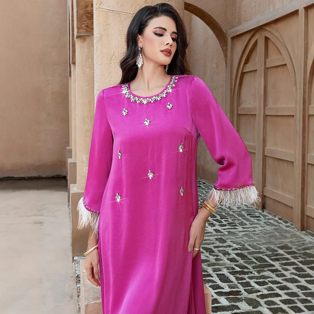 Dubai Muslim New Fashion 2026 Women's Dark Pink Casual Trendy Beading Spliced Elegant O-neck Loose Abaya Female Clothes Dresses