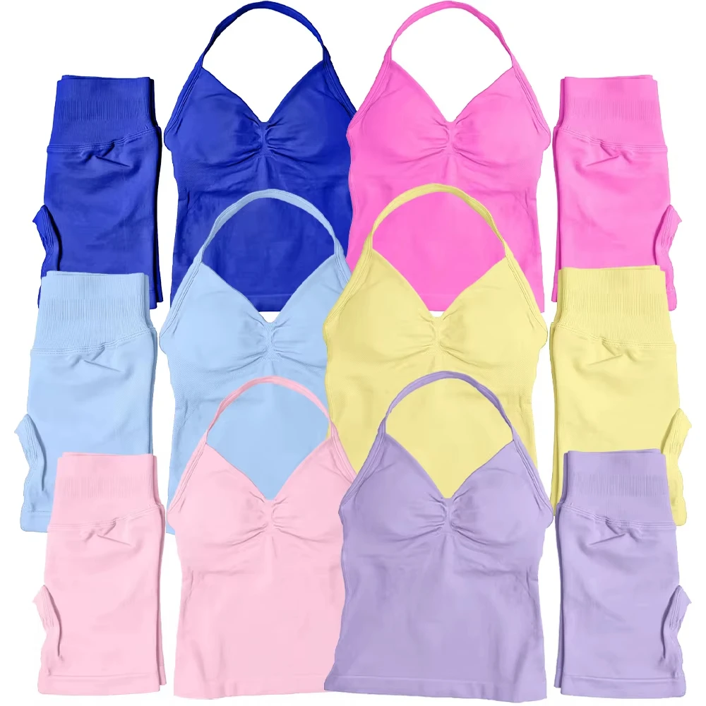 

Женский комплект для йоги, бесшовный ударопрочный длинный топ на бретельках, спортивные шорты, спортивная одежда, женская летняя одежда для тренировок