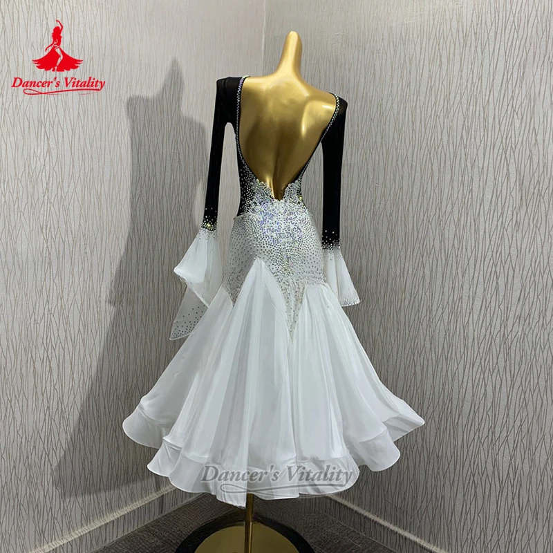 Luxury AB Stones Social Dance Flared Long Sleeves Dress Custom Adult&Child Waltz Tango Perform Backless Attire Dancer's Vitality