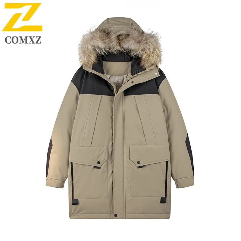 

Winter Long Down Jacket Men's Light Luxury Fur Collar Hooded Windproof White Duck Down Warm Coat Korean Thick Snow Puffer Jacket